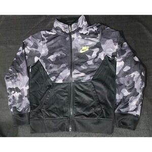 Boy's Nike‎ Jacket Size 6-7 Camo Black Gray Neon Hood Full Zip EUC